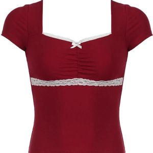 Lace-Trim Sweetheart Ruched Top for Y2K Fashion & Coquette Aesthetic