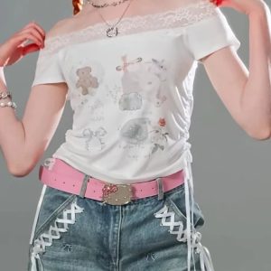 Lace-Trimmed Off-Shoulder Graphic Top for Y2K Fashion & Aesthetic Outfits