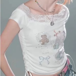 Lace-Trimmed Off-Shoulder Graphic Top for Y2K Fashion & Aesthetic Outfits