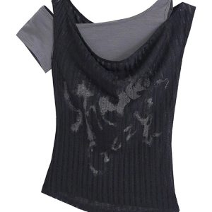 Layered Grunge Mesh Top - Y2K Aesthetic Cute Top for Trendy Outfits