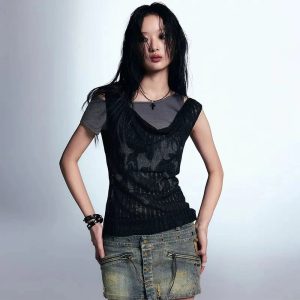 Layered Grunge Mesh Top - Y2K Aesthetic Cute Top for Trendy Outfits