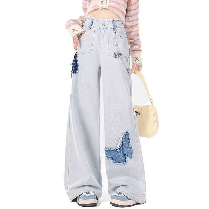 Light Blue Butterfly Aesthetic Jeans for Y2K Fashion Lovers