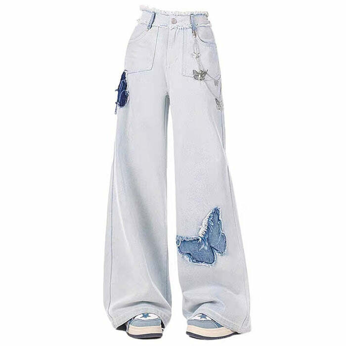 Light Blue Butterfly Aesthetic Jeans for Y2K Fashion Lovers