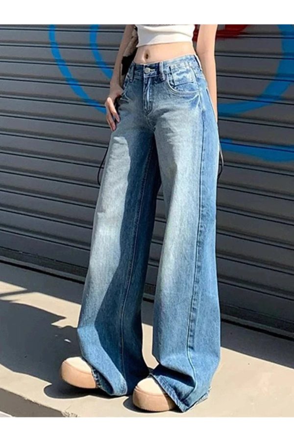 Light Wash Wide-Leg Denim: Y2K Fashion Essential for Grunge & Coquette Aesthetic