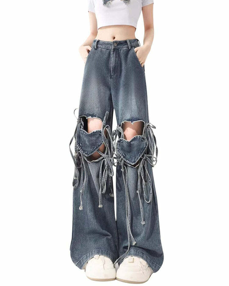 Love Knot Y2K Denim Pants - Cute Coquette & Grunge Aesthetic Style