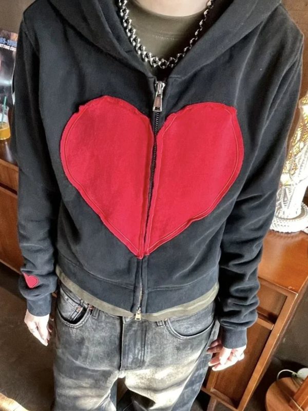 Lovecore Heart Zip-Up Hoodie - Y2K Aesthetic for Cute & Grunge Outfits