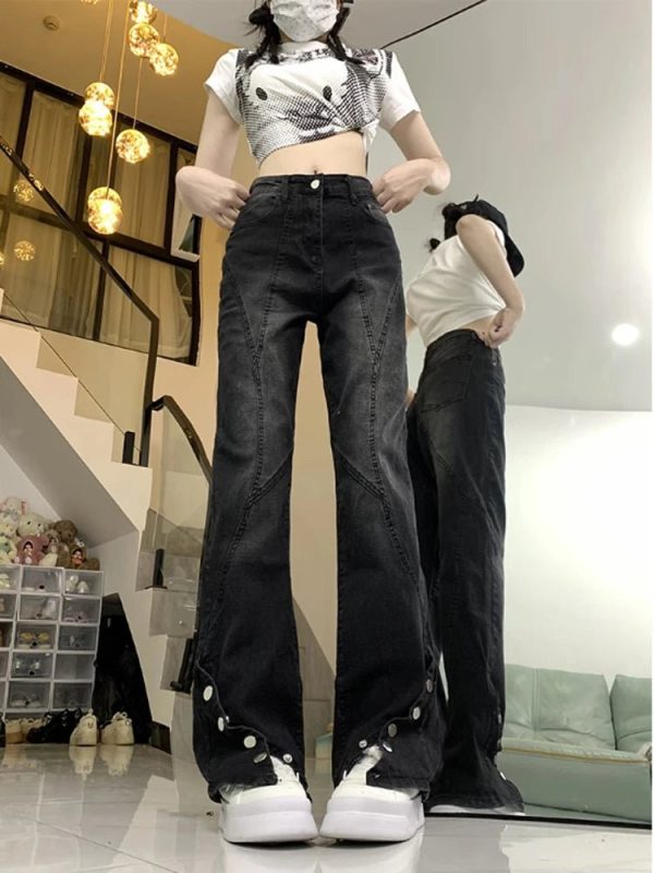 Midnight Flare Snap Jeans - Y2K Fashion for Grunge & Coquette Aesthetic