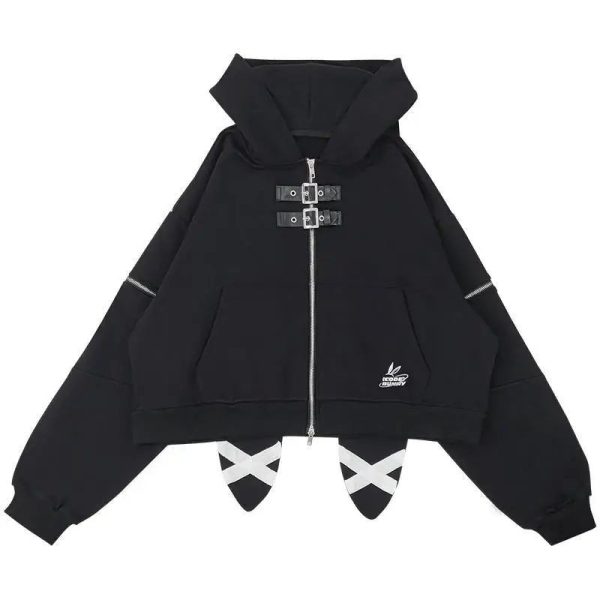 Midnight Rebel Buckle Hoodie - Y2K Grunge Aesthetic Cute Top for Trendsetters