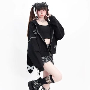 Midnight Rebel Buckle Hoodie - Y2K Grunge Aesthetic Cute Top for Trendsetters