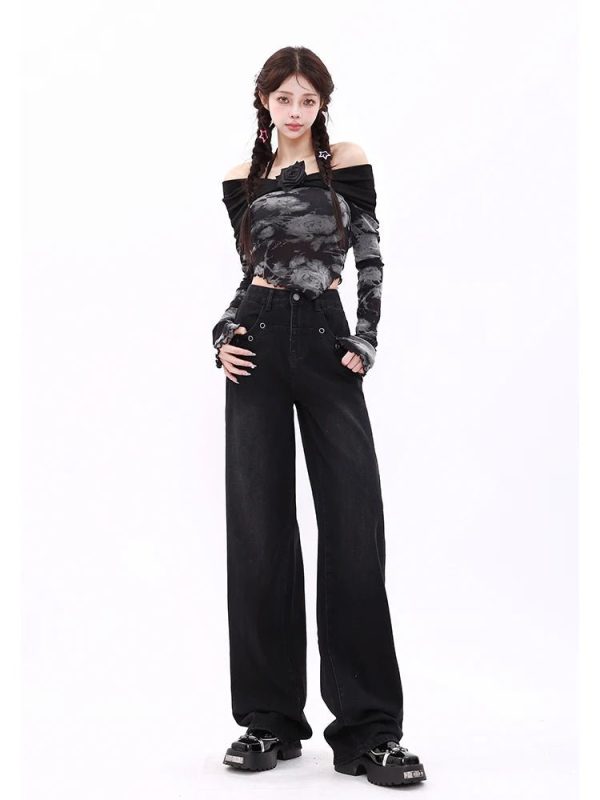 Midnight Wide-Leg Jeans: Y2K Fashion Essential for Grunge & Coquette Aesthetic