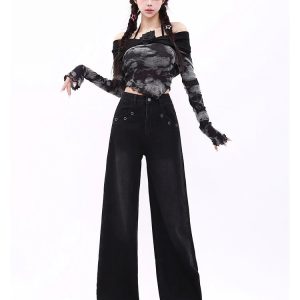 Midnight Wide-Leg Jeans: Y2K Fashion Essential for Grunge & Coquette Aesthetic