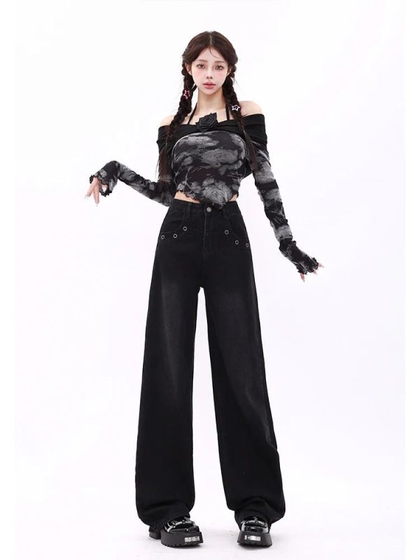 Midnight Wide-Leg Jeans: Y2K Fashion Essential for Grunge & Coquette Aesthetic