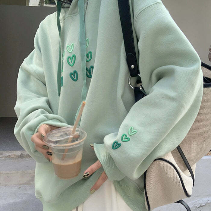 Mint Aesthetic Heart Hoodie - Y2K Fashion for Coquette & Grunge Styles