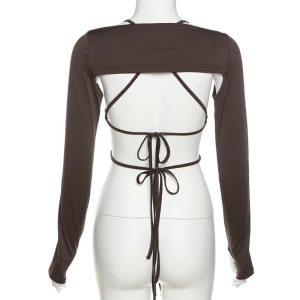 Mocha Ruched Tie-Up Top for Y2K Fashion: Cute Coquette & Grunge Aesthetic