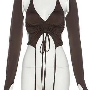 Mocha Ruched Tie-Up Top for Y2K Fashion: Cute Coquette & Grunge Aesthetic