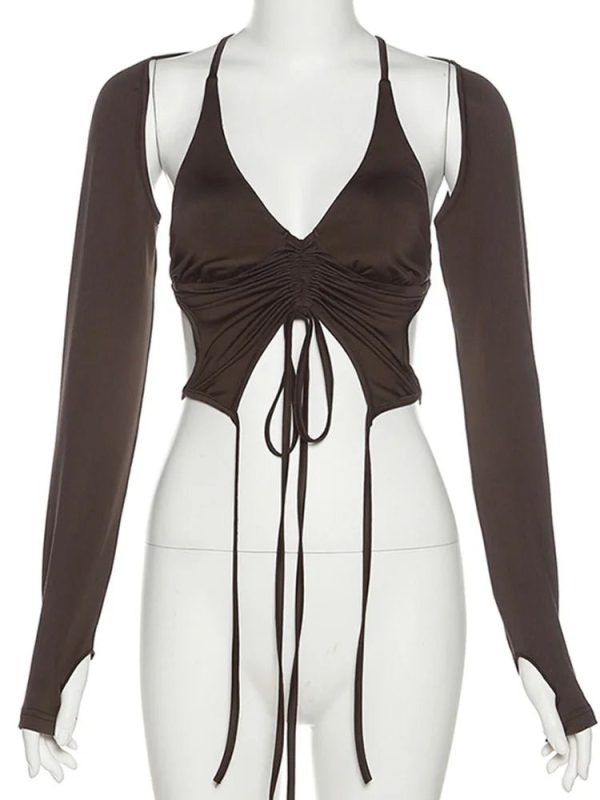 Mocha Ruched Tie-Up Top for Y2K Fashion: Cute Coquette & Grunge Aesthetic