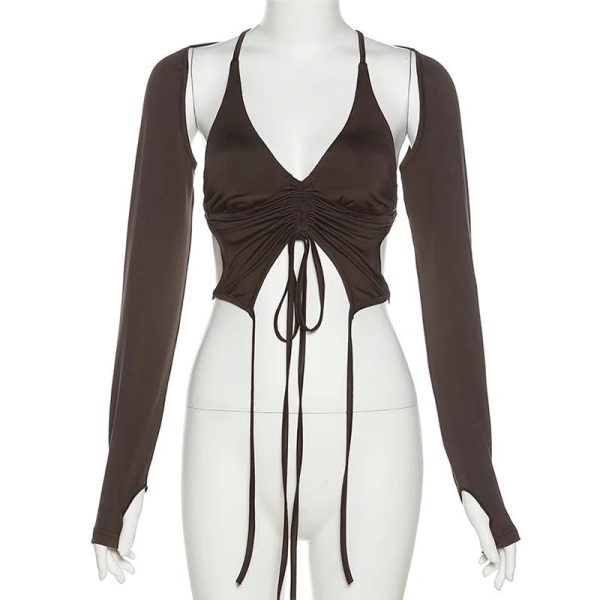 Mocha Ruched Tie-Up Top for Y2K Fashion: Cute Coquette & Grunge Aesthetic