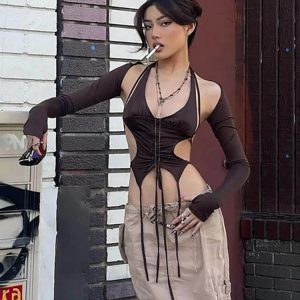 Mocha Ruched Tie-Up Top for Y2K Fashion: Cute Coquette & Grunge Aesthetic