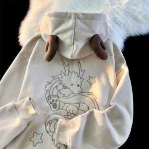 Mystic Dragon Hoodie with Horns - Y2K Aesthetic Grunge Fashion Top