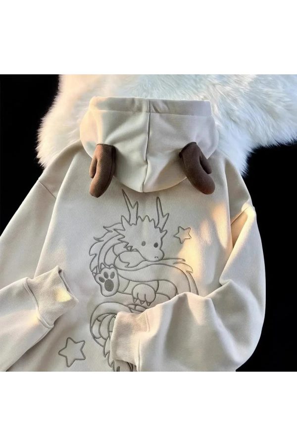 Mystic Dragon Hoodie with Horns - Y2K Aesthetic Grunge Fashion Top