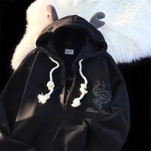 Mystic Dragon Hoodie with Horns - Y2K Aesthetic Grunge Fashion Top