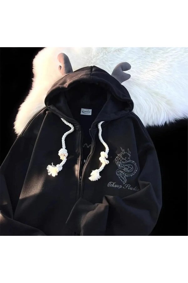 Mystic Dragon Hoodie with Horns - Y2K Aesthetic Grunge Fashion Top