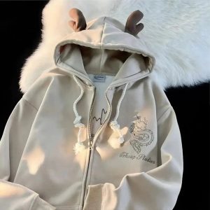 Mystic Dragon Hoodie with Horns - Y2K Aesthetic Grunge Fashion Top