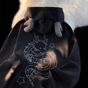 Mystic Dragon Hoodie with Horns - Y2K Aesthetic Grunge Fashion Top