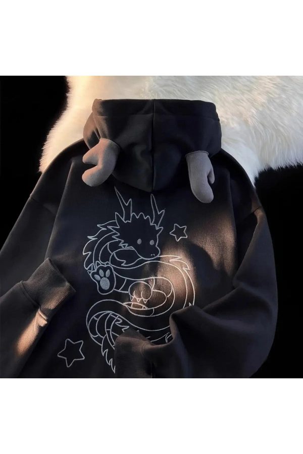 Mystic Dragon Hoodie with Horns - Y2K Aesthetic Grunge Fashion Top