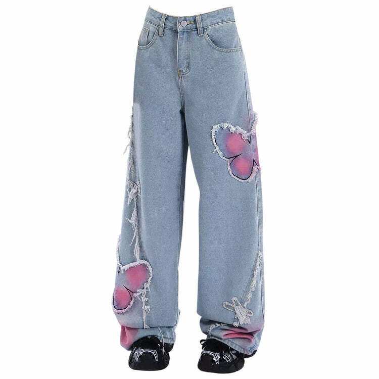 Pink Butterfly Wide Leg Jeans - Y2K Fashion & Coquette Aesthetic