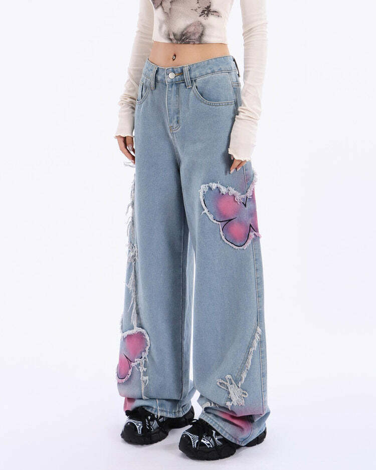 Pink Butterfly Wide Leg Jeans - Y2K Fashion & Coquette Aesthetic