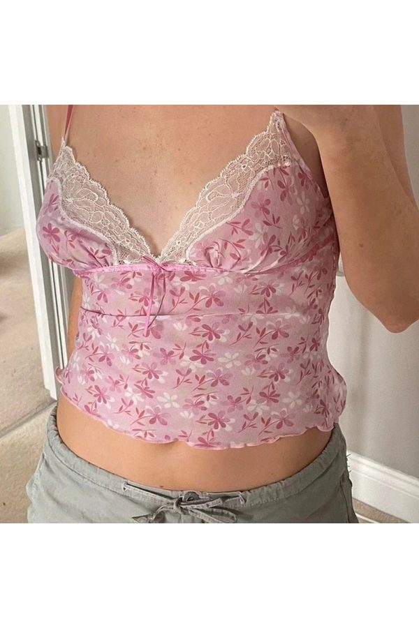 Pink Petal Lace Trim Top - Y2K Fashion Cute Aesthetic for Modern Outfits