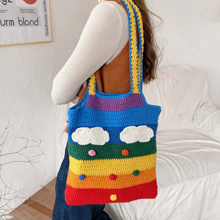 Rainbow Knitted Tote Bag - Y2K Aesthetic Accessory for Cute Outfits