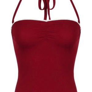 Red Lace-Trim Halter Top - Y2K Fashion Cute Top for Coquette Aesthetic