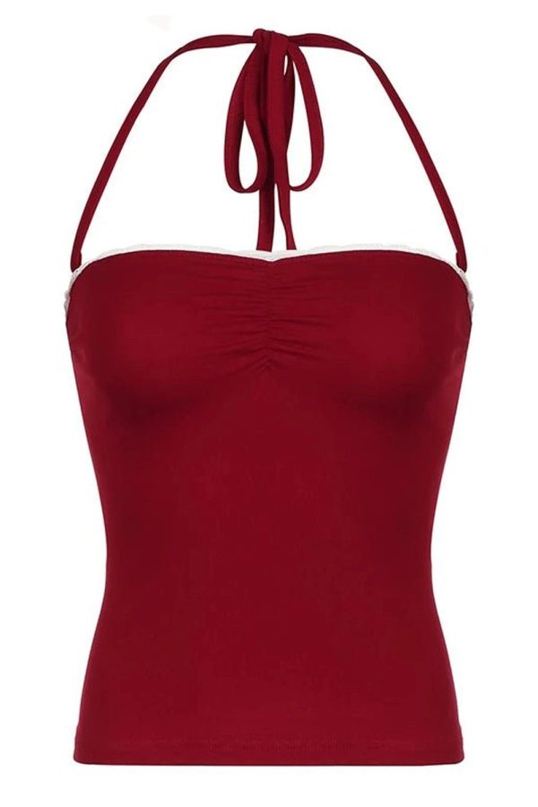 Red Lace-Trim Halter Top - Y2K Fashion Cute Top for Coquette Aesthetic