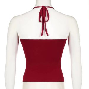 Red Lace-Trim Halter Top - Y2K Fashion Cute Top for Coquette Aesthetic