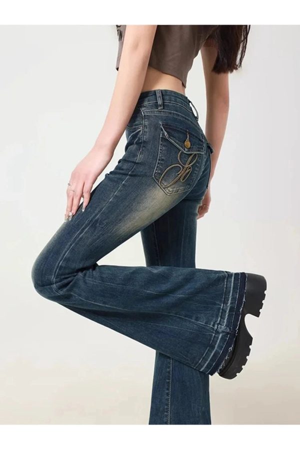 Retro Embroidered Flare Jeans for Y2K Fashion & Coquette Aesthetic