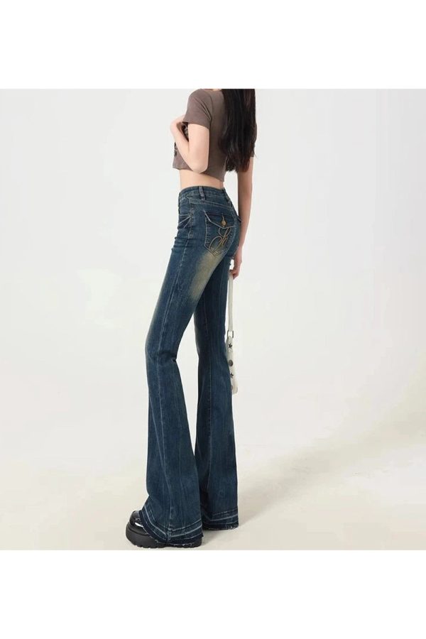 Retro Embroidered Flare Jeans for Y2K Fashion & Coquette Aesthetic