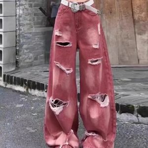 Retro Rose Distressed Baggy Jeans - Y2K Fashion for Grunge Aesthetic