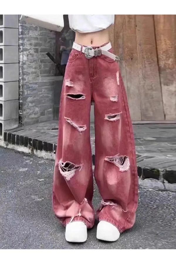 Retro Rose Distressed Baggy Jeans - Y2K Fashion for Grunge Aesthetic