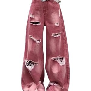 Retro Rose Distressed Baggy Jeans - Y2K Fashion for Grunge Aesthetic