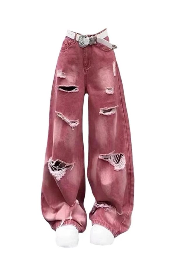 Retro Rose Distressed Baggy Jeans - Y2K Fashion for Grunge Aesthetic