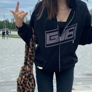 Rhinestone Logo Zip-Up Hoodie - Y2K Fashion for Coquette & Grunge Aesthetic