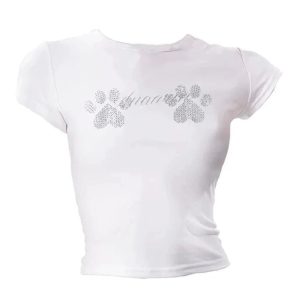 Rhinestone Paw Print Baby Top - Y2K Cute Aesthetic for Trendy Outfits