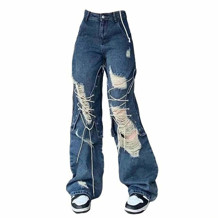 Ripped Lace Up Baggy Jeans for Y2K Fashion & Grunge Aesthetic Vibes