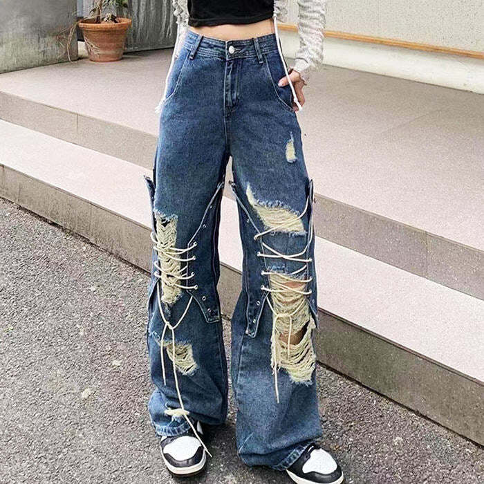 Ripped Lace Up Baggy Jeans for Y2K Fashion & Grunge Aesthetic Vibes