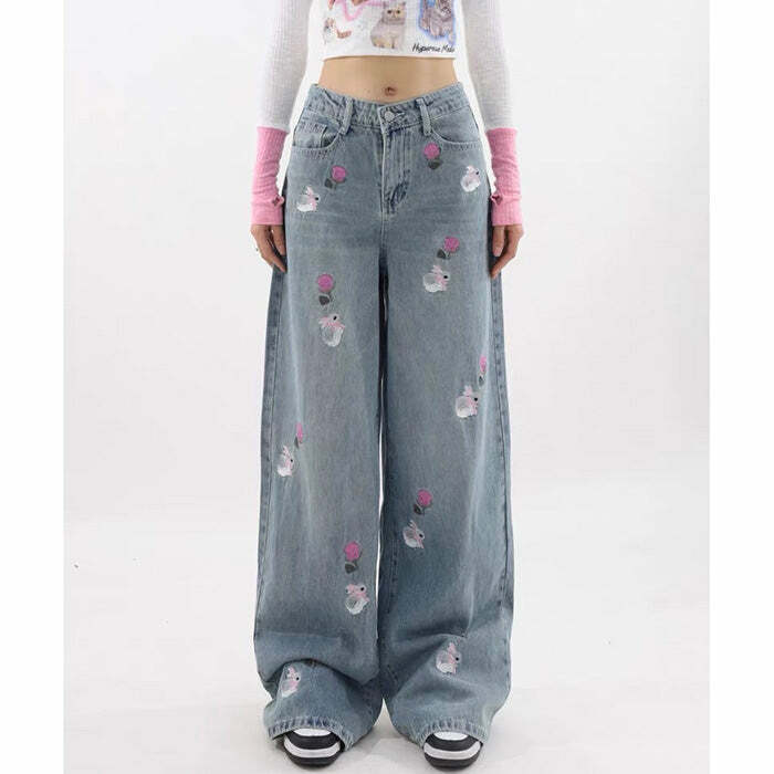 Rose & Bunny Embroidery Jeans - Y2K Aesthetic Cute Tops & Outfits