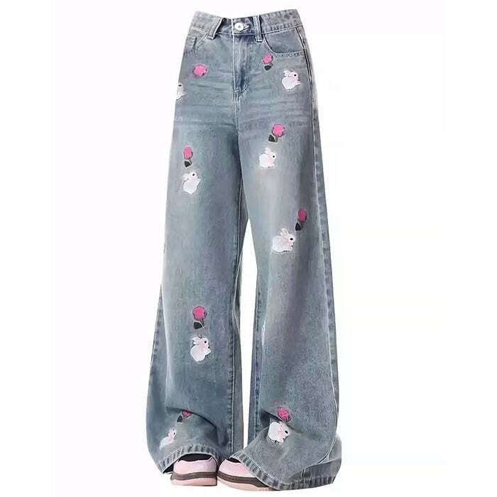 Rose & Bunny Embroidery Jeans - Y2K Aesthetic Cute Tops & Outfits