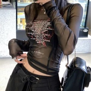 Sheer Black Mesh Top - Y2K Fashion Graphic Tee for Coquette & Grunge Aesthetic