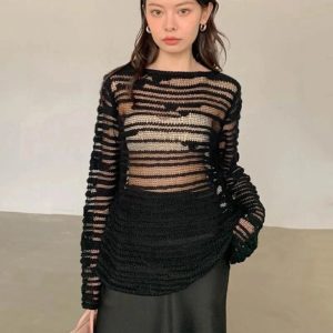 Sheer Shadow Striped Knit Top - Y2K Fashion for Coquette & Grunge Aesthetic